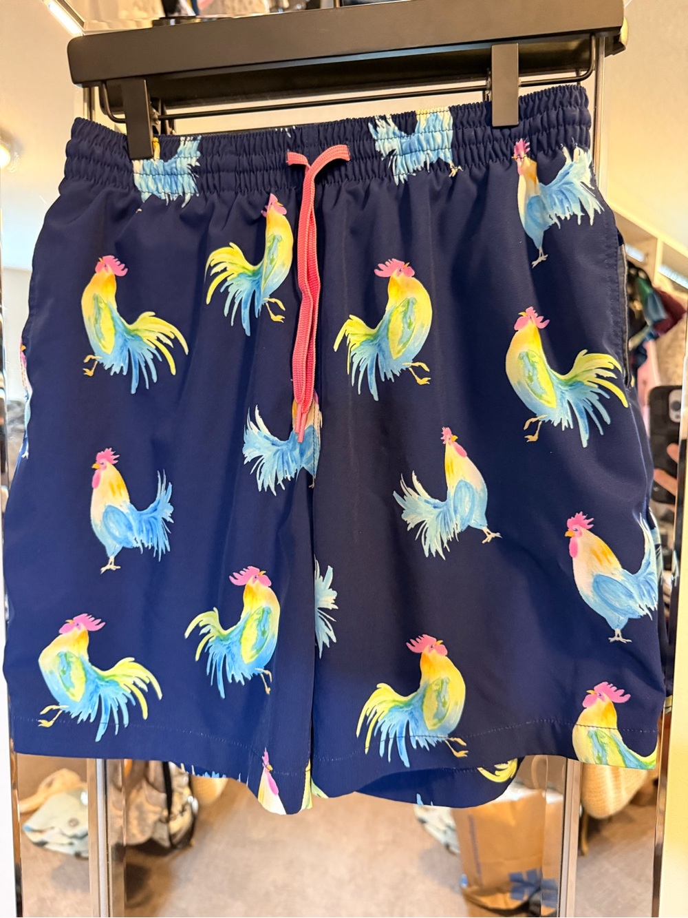chubbies Navy Swim Shorts with Multicolor Rooster Print